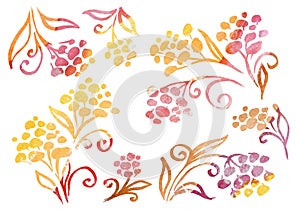 Watercolor Set of Floral Flower elements in the style of line art on a white background. autumn yellow, brown, red and