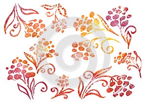 Watercolor Set of Floral Flower elements in the style of line art on a white background. autumn yellow, brown, red and