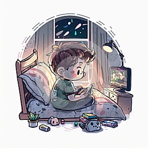 watercolor artwork boy playing video games night Generative AI