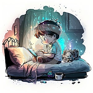 watercolor artwork boy playing video games night Generative AI