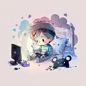 watercolor artwork boy playing video games night Generative AI