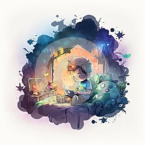 watercolor artwork boy playing video games night Generative AI