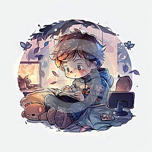 watercolor artwork boy playing video games night Generative AI