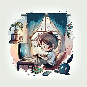 watercolor artwork boy playing video games night Generative AI