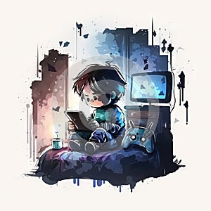 watercolor artwork boy playing video games night Generative AI