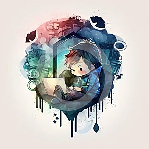 watercolor artwork boy playing video games night Generative AI