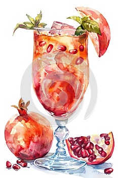 A watercolor artwork of iced tea garnished with pomegranate