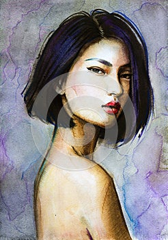 Watercolor portrait of asian young woman. Hand drawn portrait of beauty girl. fashion illustration of modern style