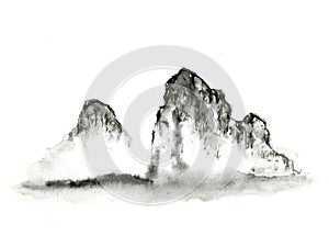 Watercolor asian ink landscape chinese mountain fog . Traditional oriental