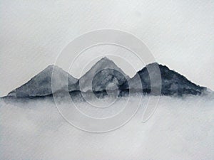 Watercolor asian ink landscape chinese mountain fog . Traditional oriental. asia art style. on paper background.