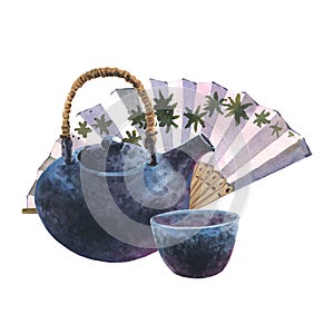 Watercolor asian tea set with dack blue teapot, blue cup of tea and fan, isolate on white background. Japanese tea