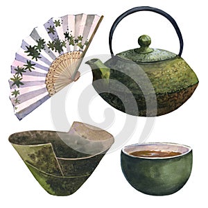 Watercolor asian tea set with dack green teapot, green cup of tea, ceramic vase and japanis fan, isolate on white