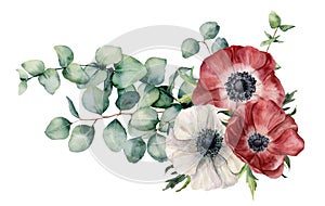 Watercolor asymmetric bouquet with anemone and eucalyptus. Hand painted red and white flowers, eucalyptus leaves and photo