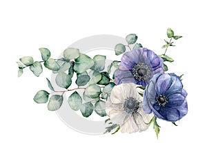 Watercolor asymmetric bouquet with eucalyptus and anemone. Hand painted blue and white flowers, eucalyptus leaves and photo
