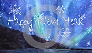 Watercolor aurora. Happy New Year congratulation greeting card