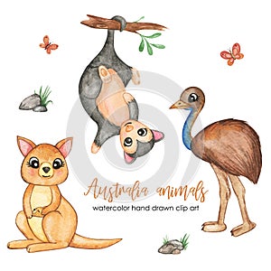 Watercolor Australian Animals Set. Kangaroo, Possum, Emu Ostrich. Little wild animals clipart, kids, design