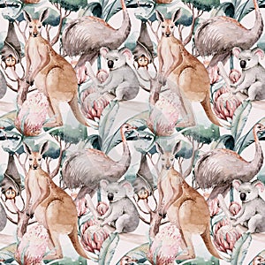 Akvarel austrálsky návrh maľby klokan a lietanie líška bezšvový vzor. austrálsky klokany sada 