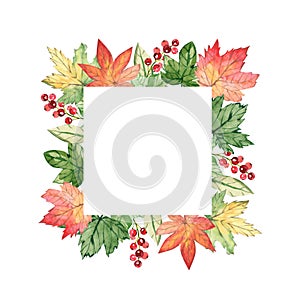 Watercolor autumn banner with leaves and branches isolated on white background. Illustration for greeting cards, wedding invitatio