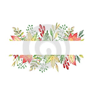 Watercolor autumn banner with leaves and branches isolated on white background. Illustration for greeting cards, wedding invitatio