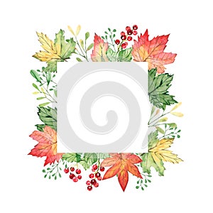 Watercolor autumn banner with leaves and branches isolated on white background. Illustration for greeting cards, wedding invitatio