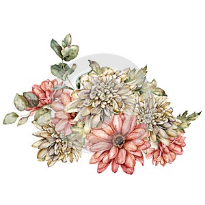 Watercolor autumn bouquet of dahlia, aster and leaves. Hand painted meadow flowers isolated on white background. Floral