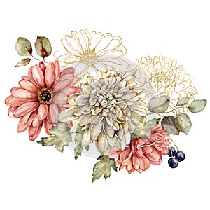 Watercolor autumn bouquet of linear dahlia, aster and leaves. Hand painted meadow gold flowers isolated on white