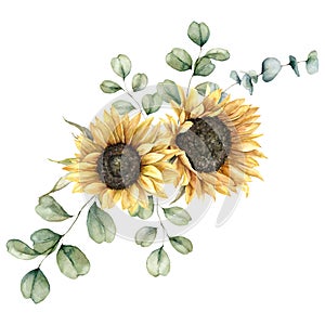 Watercolor autumn bouquet with sunflowers and eucalyptus branches. Hand painted rustic card isolated on white background