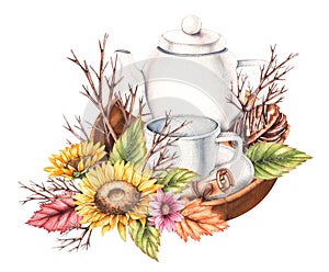 Watercolor autumn composition with flowers, a teapot and a mug of sweets isolated on a white background