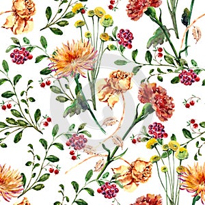 Watercolor of autumn different flowers with berry. Illustration for decor.