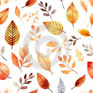 Watercolor Autumn Fall Seamless Pattern. Botanical illustration. October print. Design for tile, backgrounds, fabric, textile,