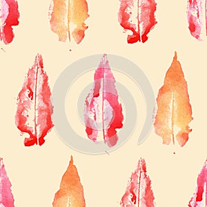 Watercolor autumn fall tree orange red leaf seamless pattern texture background