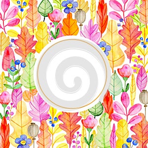 Watercolor autumn floral background with flowers and leaves