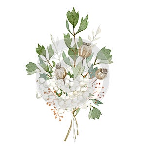 Watercolor autumn floral bohemian bouquet. Boho wild plants, dasty leaves and berries. Wedding card.