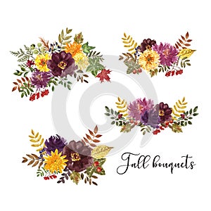 Watercolor autumn floral bouquet illustration. Set of colorful arrangements with flowers and foliage, isolated