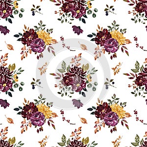 Watercolor autumn flowers and leaves seamless pattern. Red, burgundy, orange flowers, dry foliage on white background