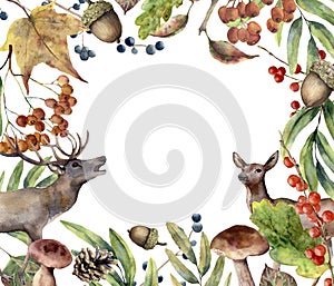 Watercolor autumn forest frame. Hand painted floral frame with deers, rowan, mushrooms, berries,acorn, pine cone, fall