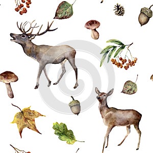 Watercolor autumn forest seamless pattern. Hand painted ornament with deers, rowan, mushrooms, acorn, fall leaves