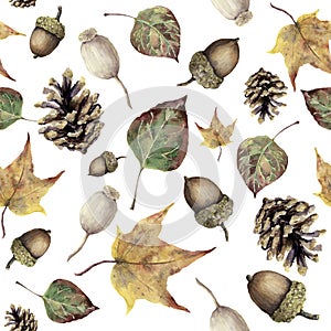 Watercolor autumn forest seamless pattern. Hand painted pine cone, acorn, berry and yellow and green fall leaves