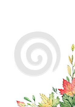 Watercolor autumn frame with branches and leaves isolated on white background. Botanic composition for greeting cards, wedding inv