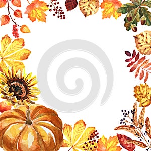 Watercolor autumn frame with leaves, berries, pumpkin and sunflower