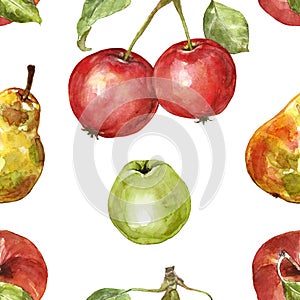 Watercolor autumn fruits seamless pattern. Apples and pears, isolated on white background. Autumn harvest concept illustration