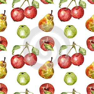 Watercolor autumn fruits seamless pattern. Apples and pears, isolated on white background. Healthy food print