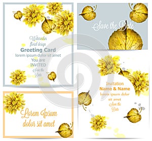 Watercolor autumn golden leaves card set Vector. Vintage greeting cards, invitation, thank you, save the date postcard. Fall seaso