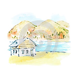 Watercolor autumn hand draw vector illustration with trees, lake, mounains and house. Romantic landscape. Nature background