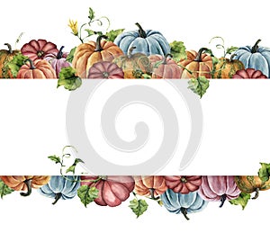 Watercolor autumn harvest card. Hand painted border with bright pumpkins with leaves and flowers isolated on white