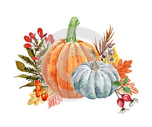 Watercolor festive pumpkins composition, isolated on white background. Autumn harvest, fall ripe orange vegetables, leaves