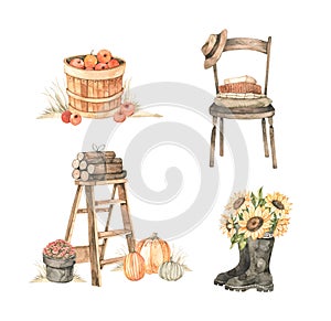 Watercolor Autumn harvest illustrations with pumpkins, sunflowers bouquet, chair and cozy sweaters, apple harvest. Fall