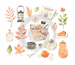 Watercolor Autumn illustrations. Fall leaves, acorns, basket with pumpkins, pie, candle, magazine. Forest design elements. Hello