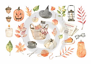 Watercolor Autumn illustrations. Halloween. Fall leaves, acorns, basket with pumpkins, pie, magazine. Forest design elements.