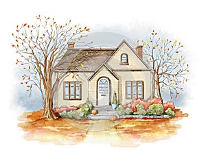 Watercolor autumn landscape with country house, lawn and trees